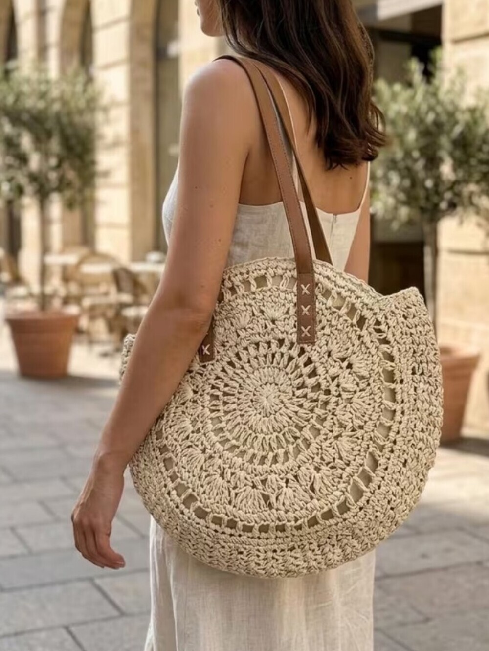 Straw Woven Tote Bag Double Handle Creamy White - Picture 2 of 8